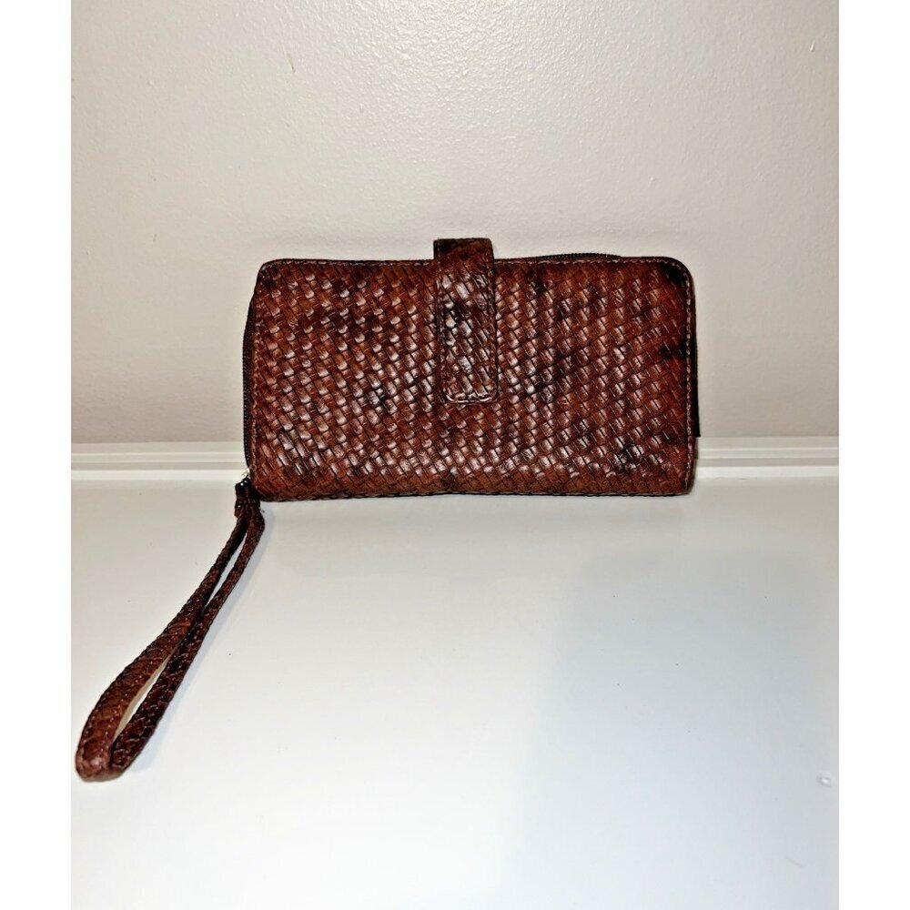 Brown Vegan Leather Zip Around Weaved Wallet